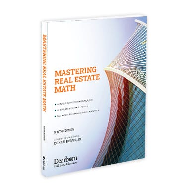 Mastering Real Estate Math book cover, ninth edition by Denise Evans, JD, featuring geometric design.