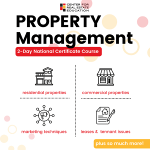 Property Management Course Ad: Learn residential, commercial properties, marketing, leases. Center for Real Estate Education.