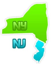 Map illustration of New York and New Jersey in green and blue, highlighting NY and NJ abbreviations.