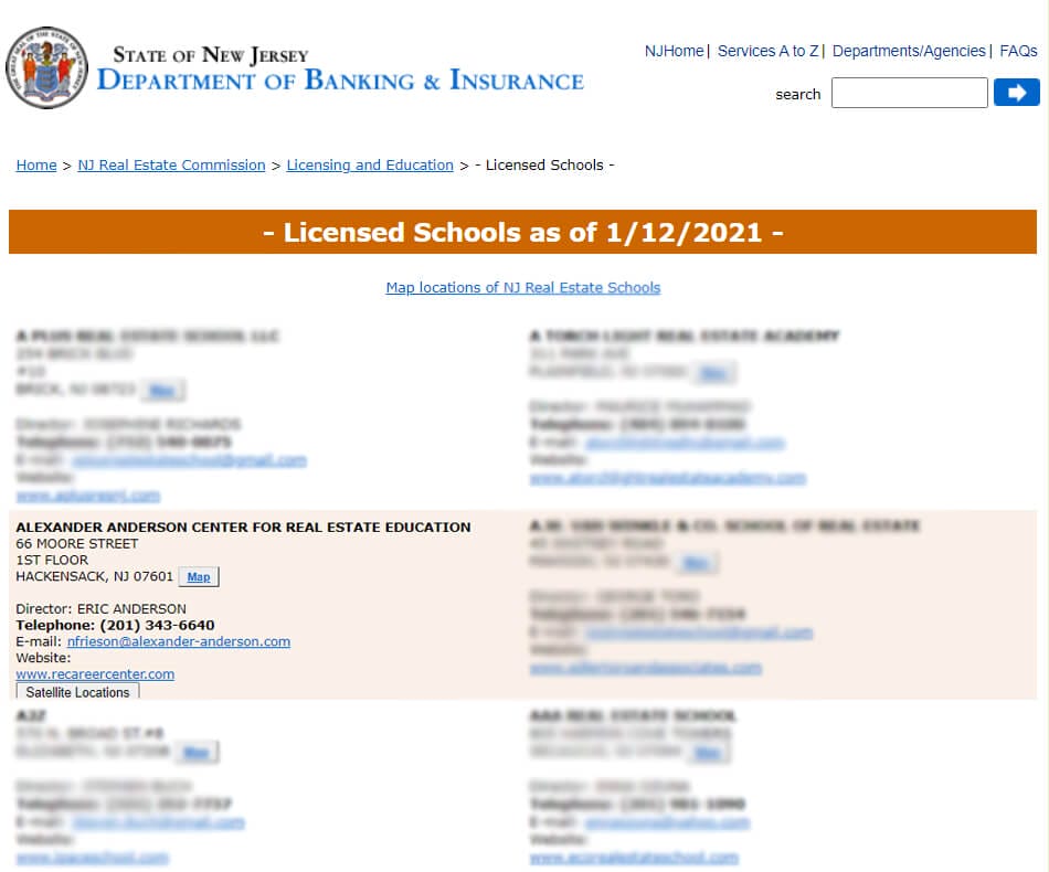 Licensed New Jersey Real Estate Schools 2021 list, featuring Alexander Anderson Center, contact details, and website.