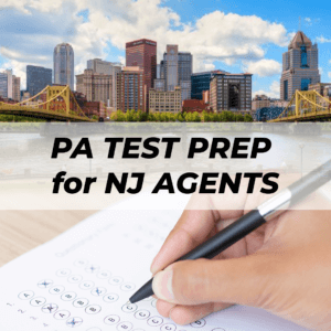 PA test prep for NJ agents with hand filling multiple-choice exam, Pittsburgh skyline in background.