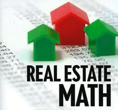 Real Estate Math concept with green and red house icons on financial documents background.