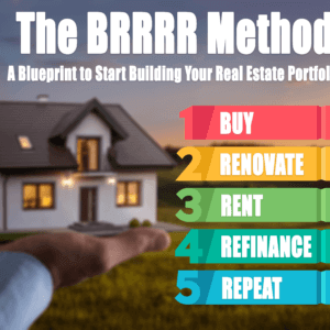 BRRRR method infographic: buy, renovate, rent, refinance, repeat; real estate investment strategy with house backdrop.
