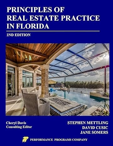 "Principles of Real Estate Practice in Florida book cover, 2nd edition, featuring a luxurious poolside view."