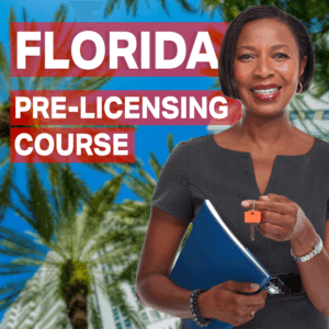 Florida pre-licensing course banner with smiling woman holding keys, palm trees and building in background.