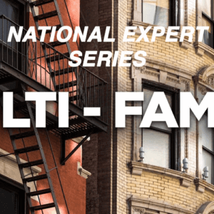 Multi-family residential buildings with fire escapes, National Expert Series banner, urban architecture.