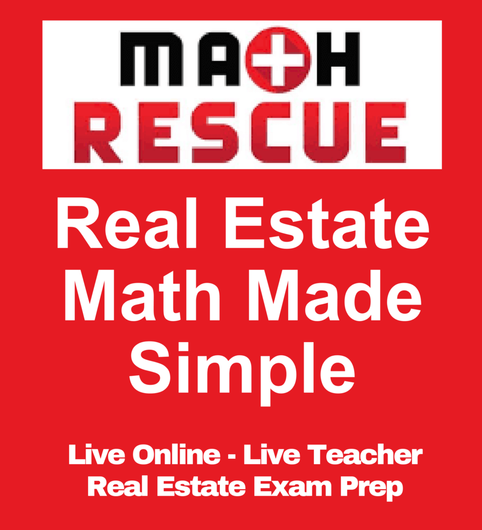 Real Estate Math Made Simple course, live online prep with teacher, red background, Math Rescue branding.