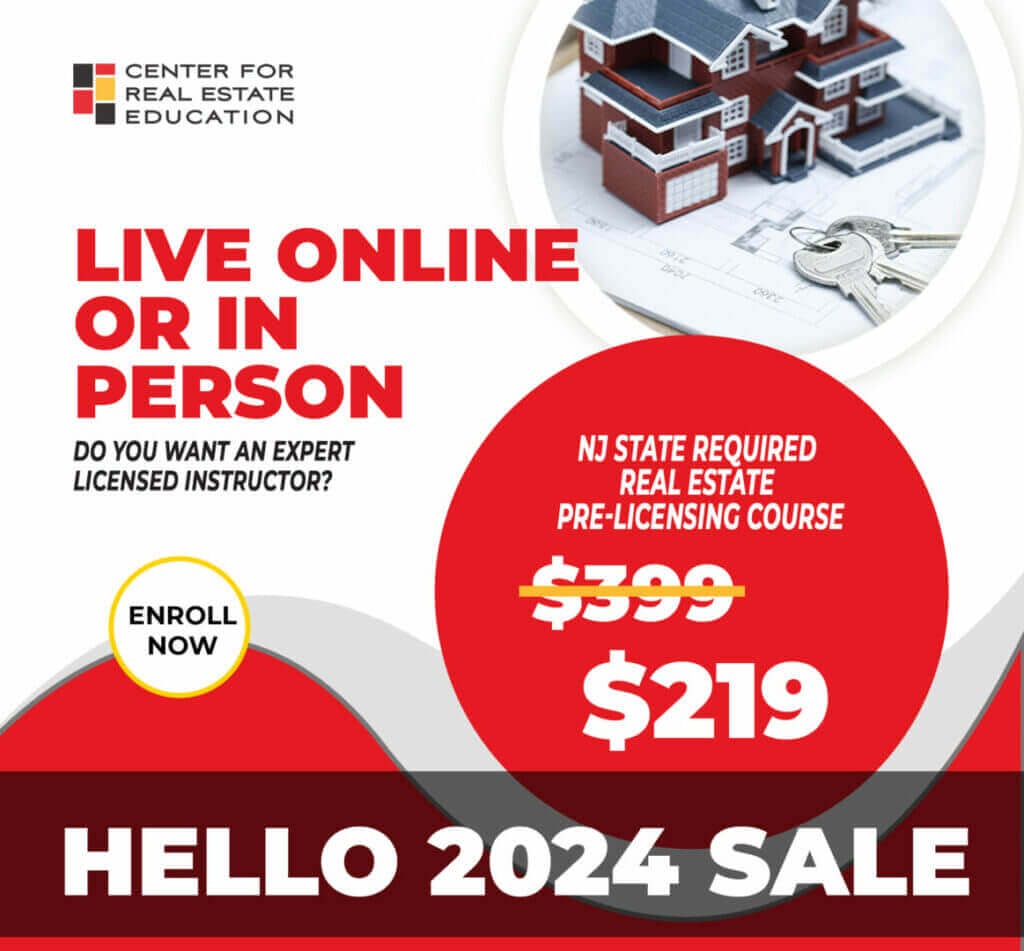 Live online or in-person real estate pre-licensing course sale, $219, enroll now, Center for Real Estate Education.