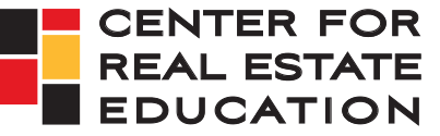 Center for Real Estate Education logo with red, yellow, black blocks, modern design, real estate school branding.