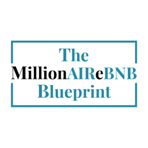 The MillionAIReBNB Blueprint logo, black and teal text, framed design, wealth and Airbnb strategy theme.