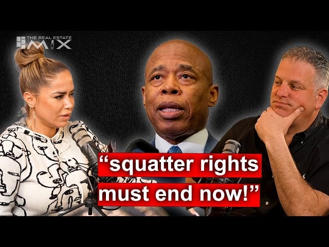 Podcast discussion on squatter rights, featuring three speakers, bold text "squatter rights must end now," real estate topic.