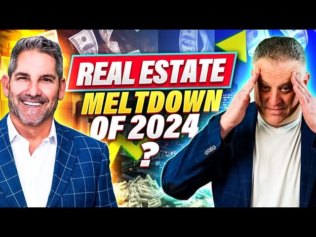 Real estate meltdown 2024 prediction with concerned businessman and money background.