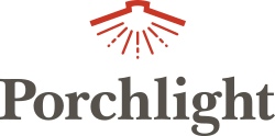 Porchlight logo with red light rays above text, minimalist design, branding image.