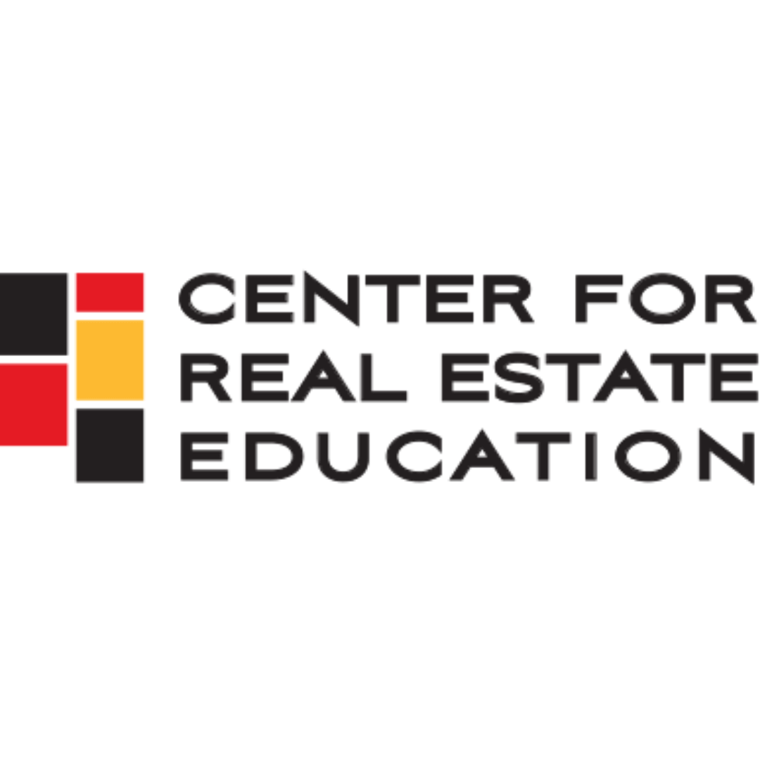 Center for Real Estate Education logo with red, yellow, black squares, modern design.