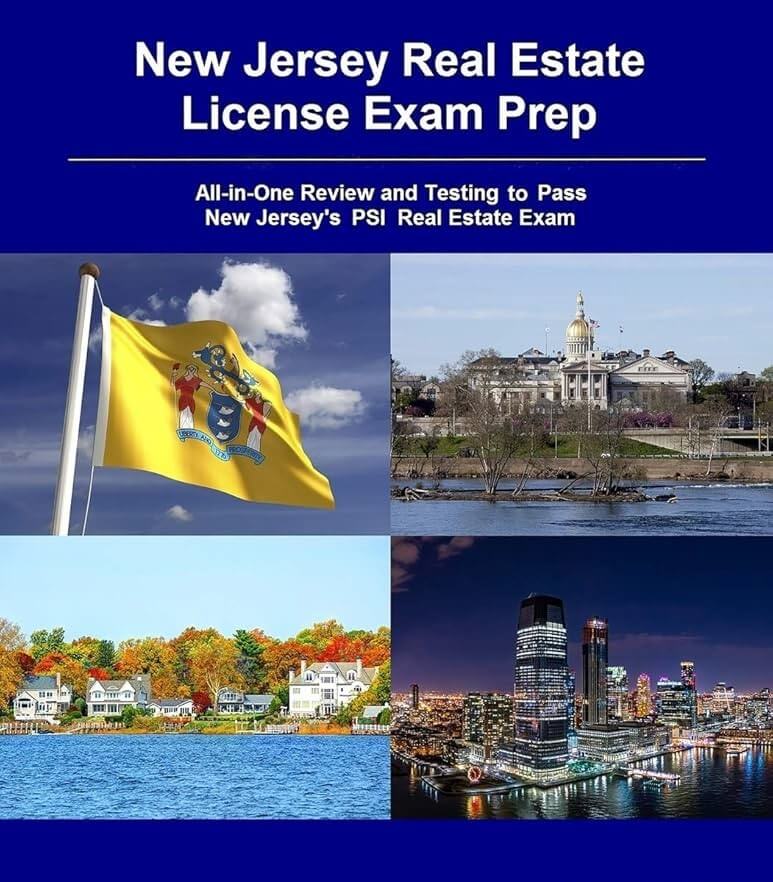 New Jersey Real Estate License Exam Prep cover with state flag, capitol, scenic houses, and city skyline.