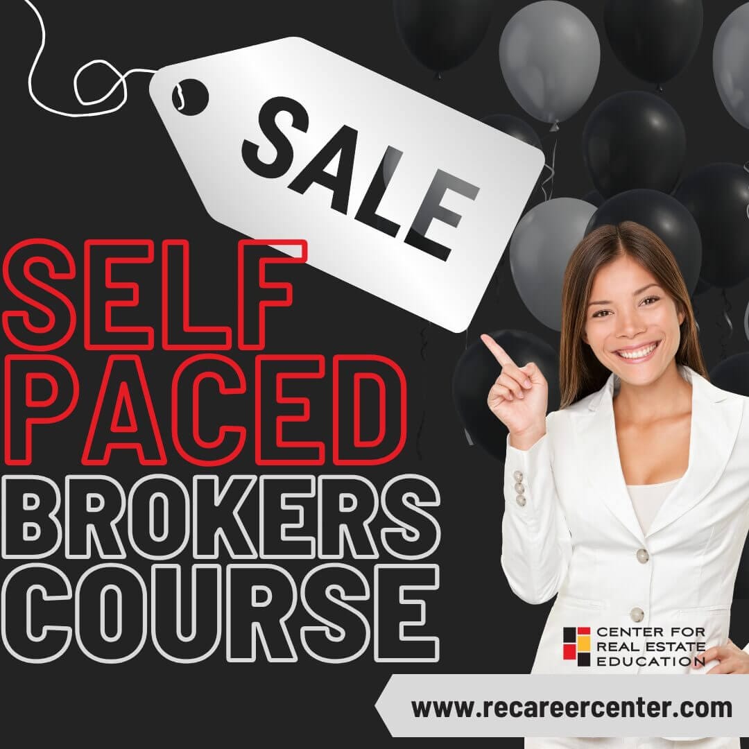 Self-paced broker course sale with smiling woman, black balloons, and Center for Real Estate Education logo.