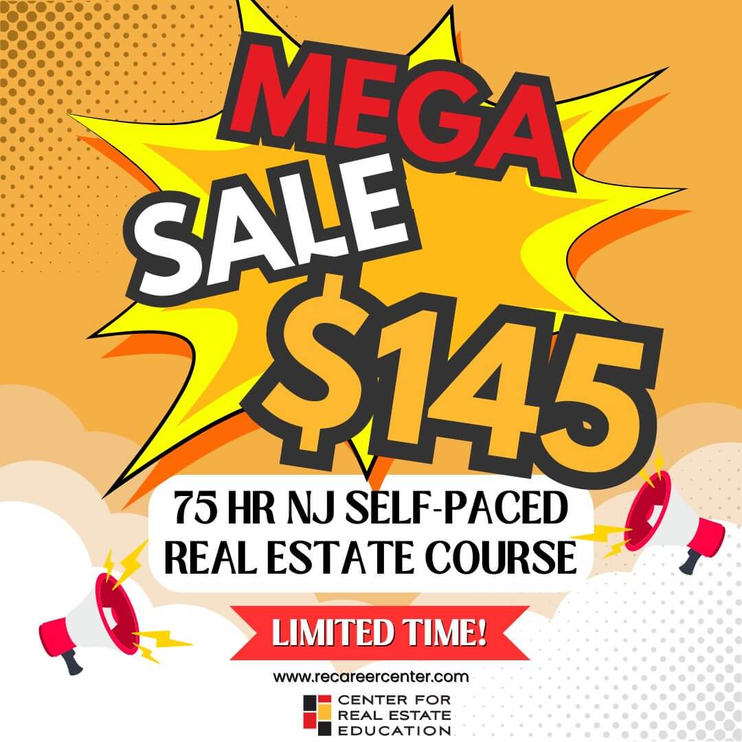 Mega sale $145 for 75-hour NJ self-paced real estate course, limited time offer, orange background with megaphones.