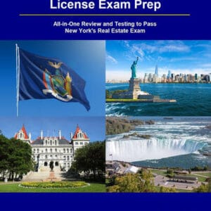 New York Real Estate License Exam Prep cover with landmarks: Statue of Liberty, Niagara Falls, New York State Capitol.