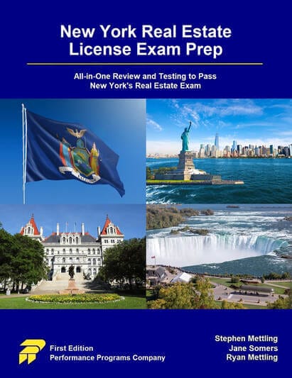 New York Real Estate License Exam Prep cover with landmarks: Statue of Liberty, Niagara Falls, New York State Capitol.