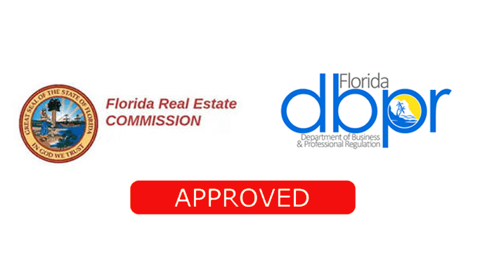 Florida Real Estate Commission and DBPR logos with "Approved" text.