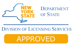 NYSDOS logo with New York State outline, Department of State, Division of Licensing Services, and "Approved" in orange.