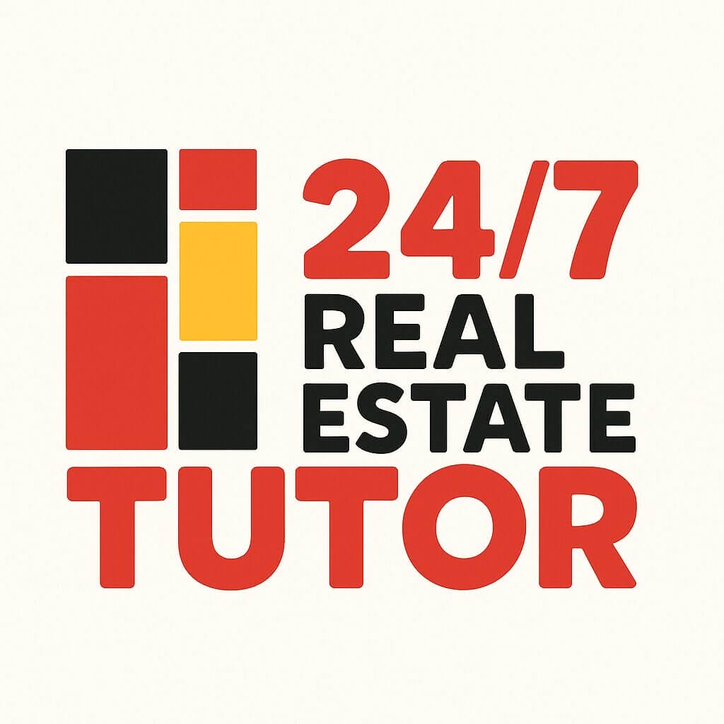 24/7 Real Estate Tutor logo with black, red, and yellow geometric blocks.