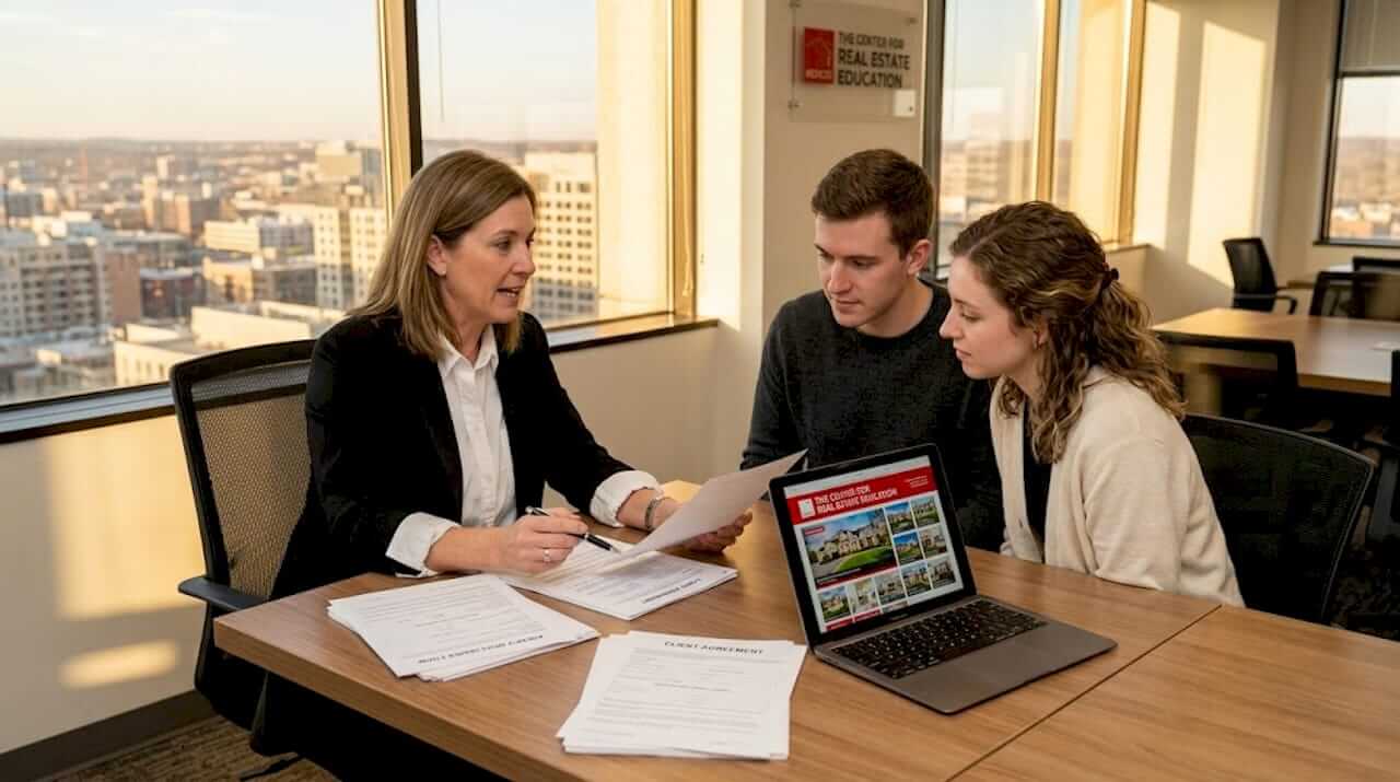 Broker explains documents at office table